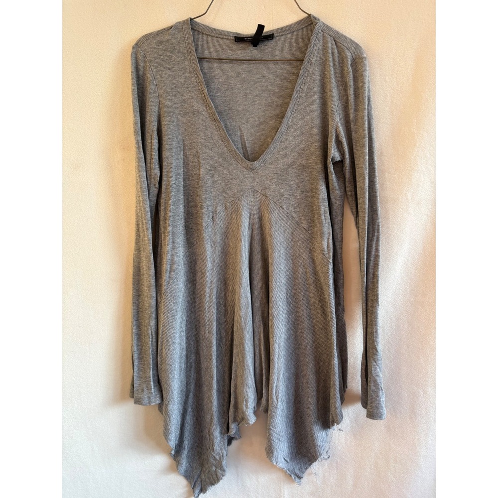BCBGMAXAZRIA Womens Gray Ribbed V-Neck Handkerchief Hem Long Sleeve Top Medium